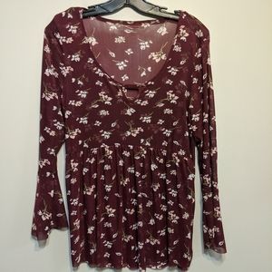 Mesh floral 70s style bell sleeve top